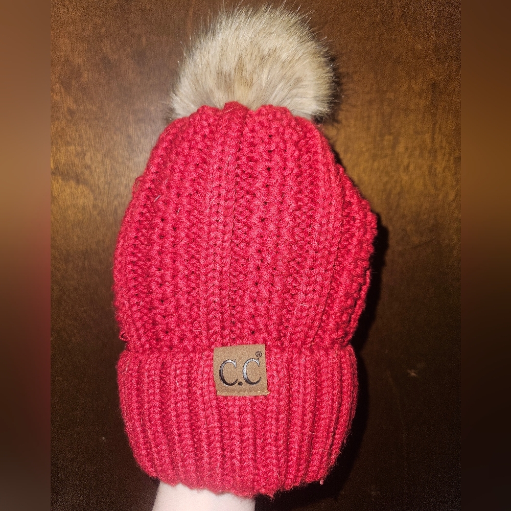 C.C Red Knit Beanie with Pom Pom